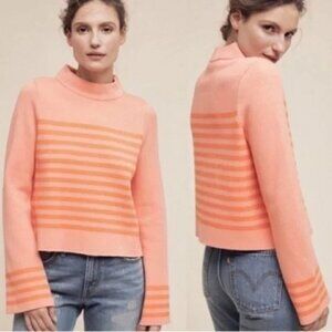 Anthropologie Moth Mock Neck Bell Sleeve Striped Sweater Size M/L Coral Orange